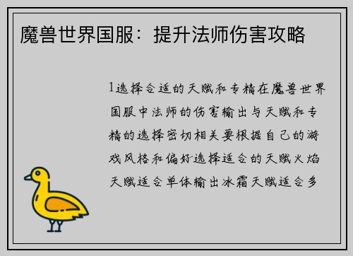 魔兽世界国服：提升法师伤害攻略